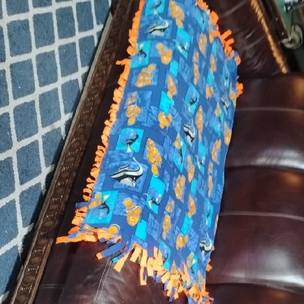 Blue and Orange Fleece Blanket with Dolphin Design